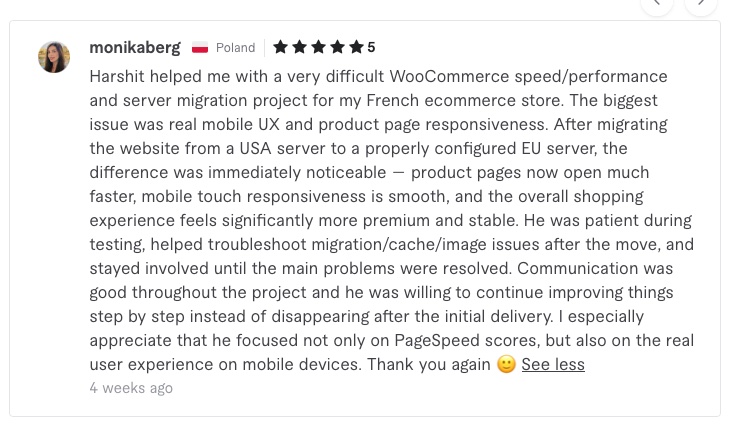 5-star Fiverr review from monikaberg (Poland) about a WooCommerce speed and server migration project