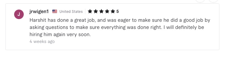 5-star Fiverr review from jrwigen1 (United States)