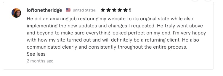 5-star Fiverr review from loftonetheridge (United States) about website restoration